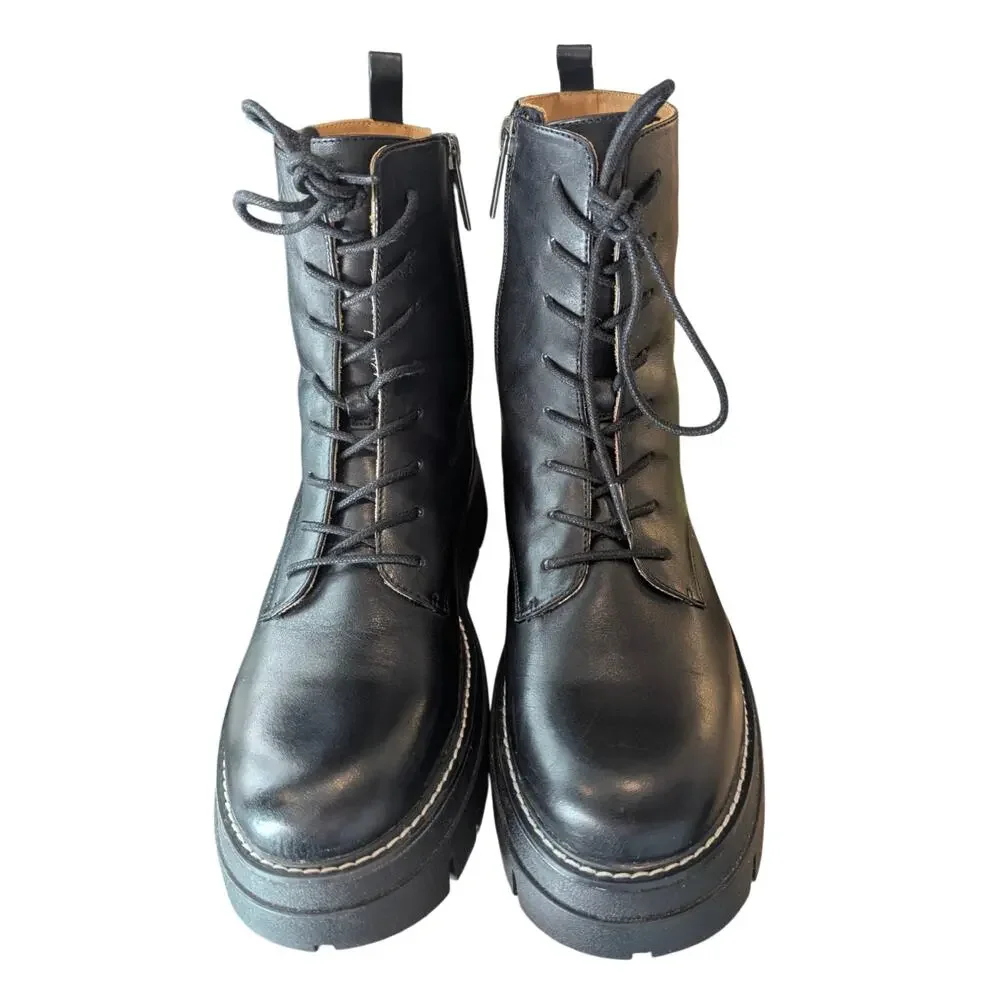 J/Slides Black Leather Toby Combat Boots Side Zip Up 9M